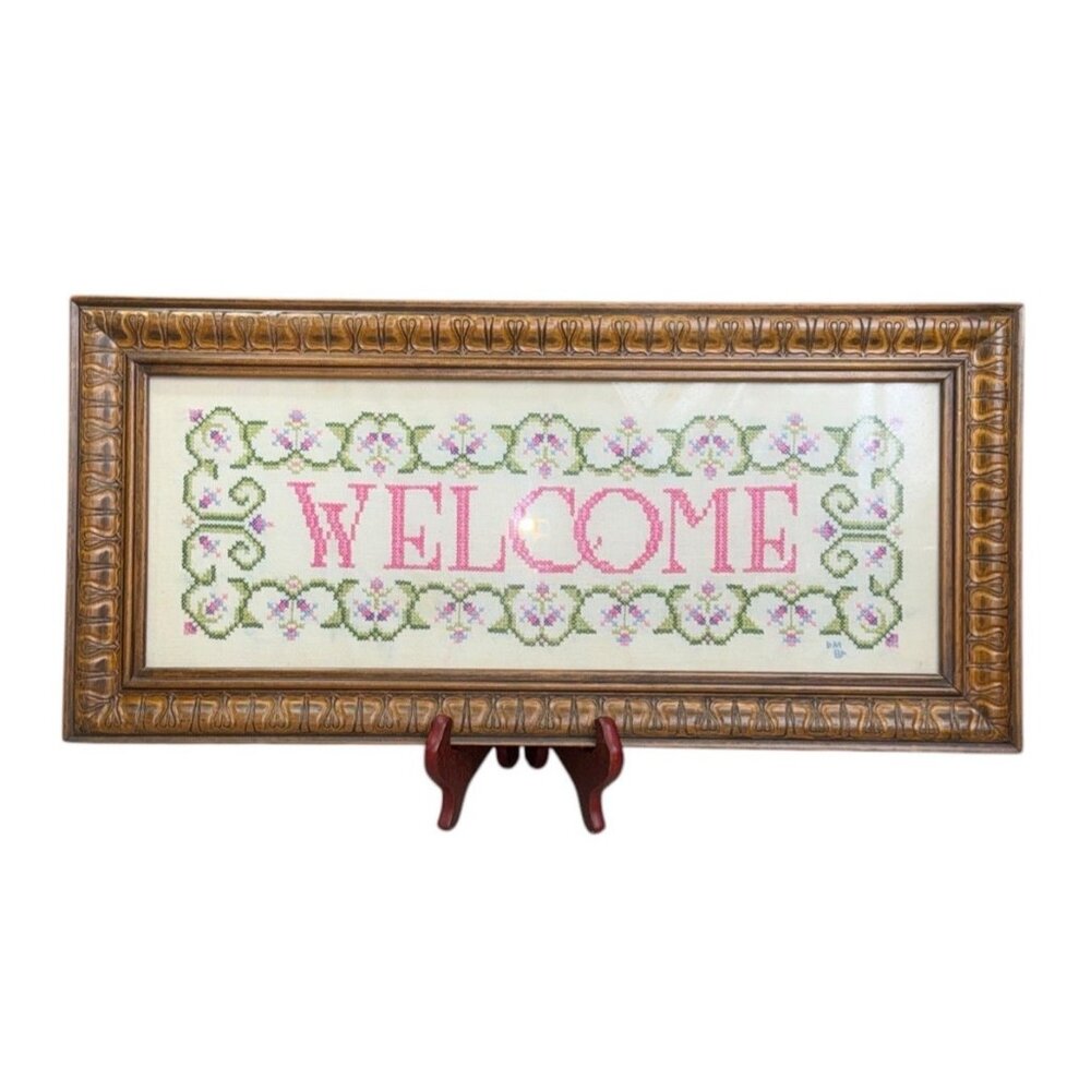 VTG? 1984? Hand Made "Welcome" Cross Stitch Plastic Framed Pink Green 22.5' L